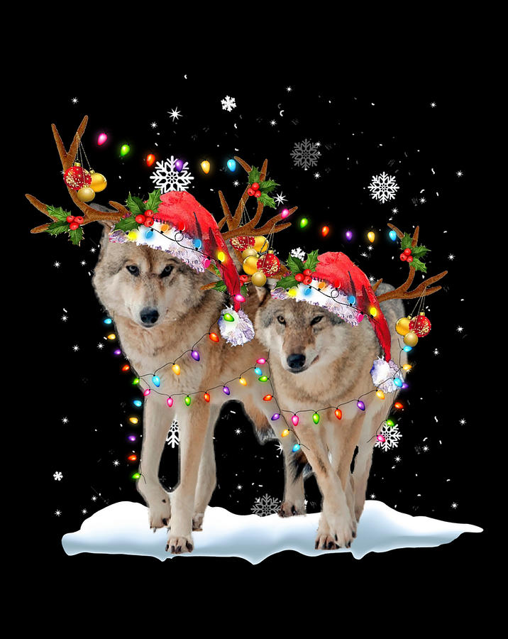 Wolf Christmas Santa Hat Tree Lights Xmas Funny Wolf Gift Digital Art ...