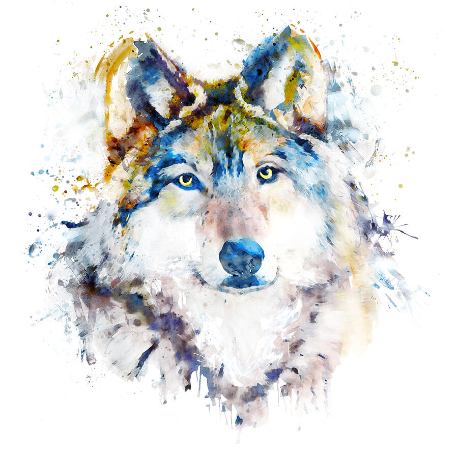 Wolf Face Watercolor Portrait Painting by Marian Voicu