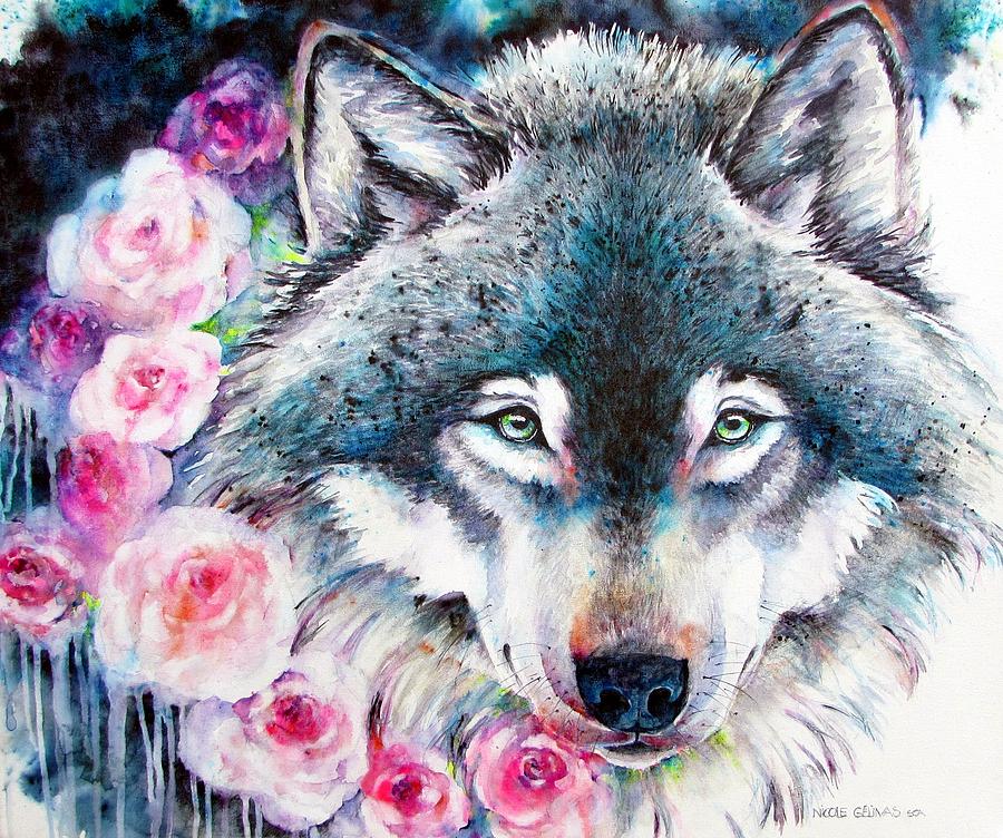 Wolf Flowers Painting by Nicole Gelinas