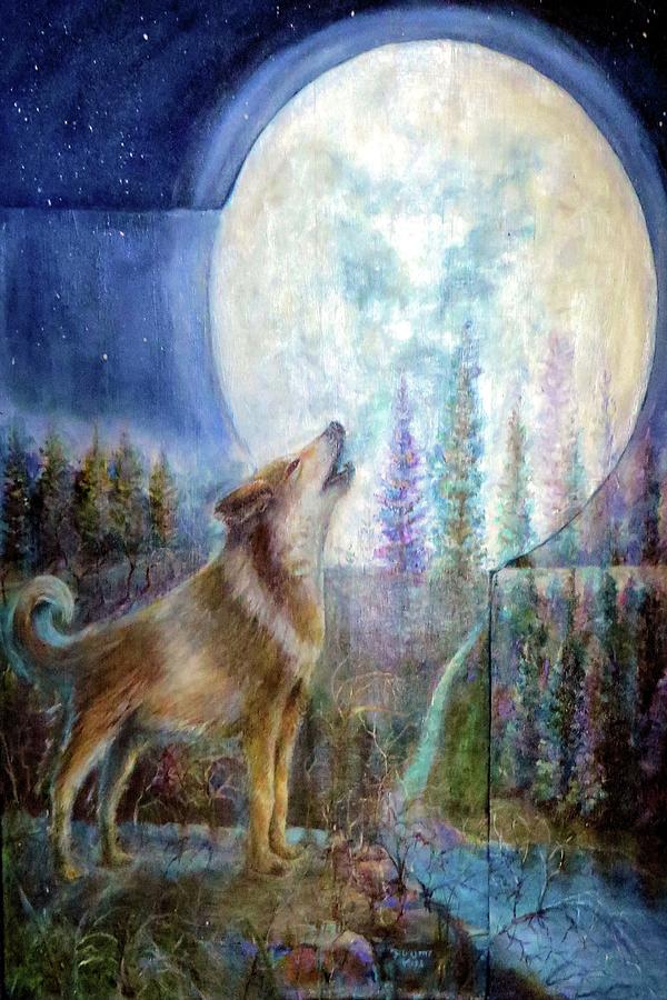 Wolf Howling and Full Moon Painting by Bernadette Krupa