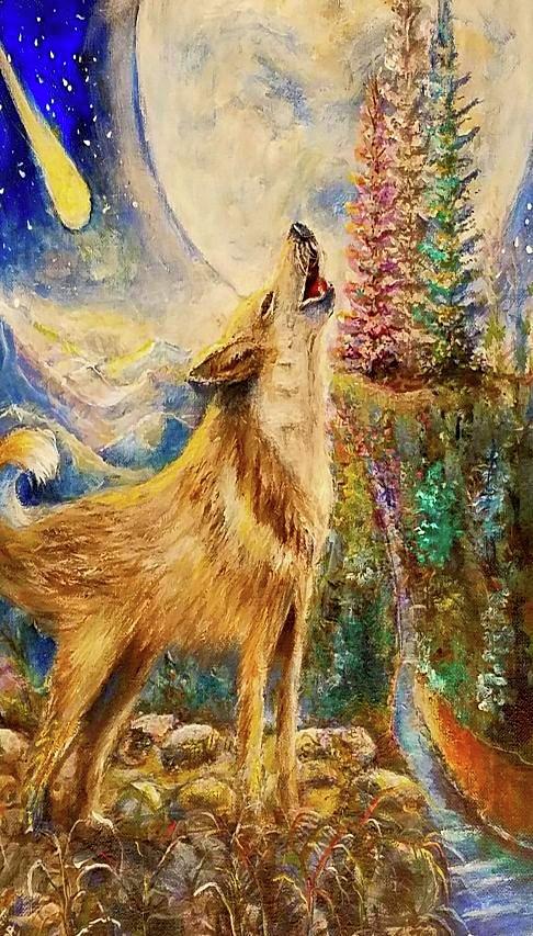 Wolf Howling Full Moon Painting by Bernadette Krupa