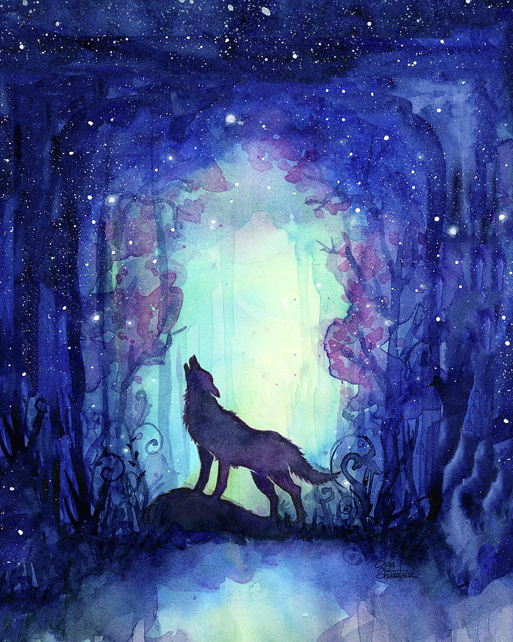 Wolf Howling in Galaxy Forest Painting by Olga Shvartsur