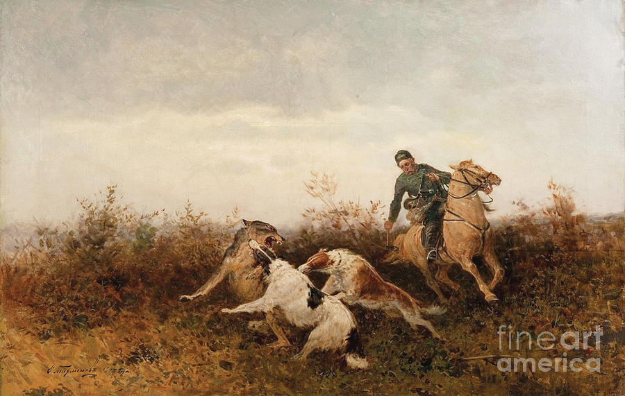 Wolf hunt with Borzois Painting by Efim A Tikhmenev - Pixels