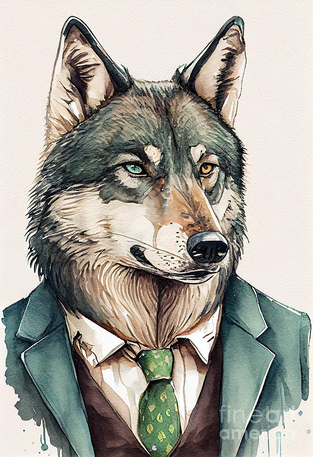 Wolf in Suit Watercolor Hipster Animal Retro Costume Painting by