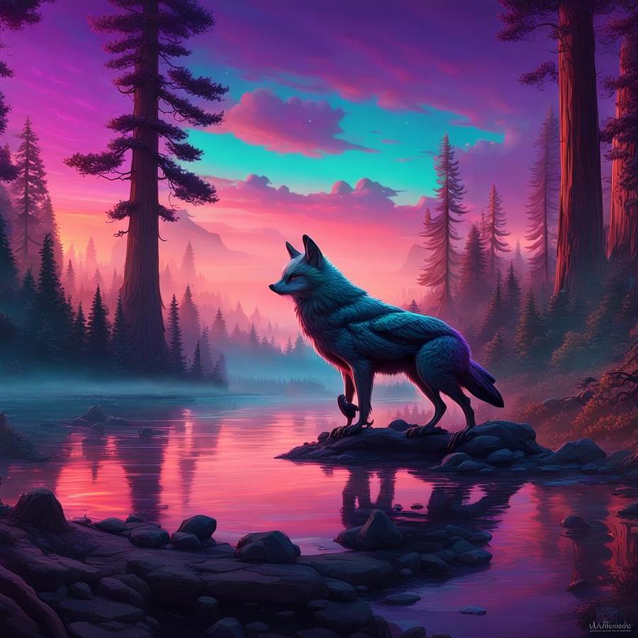 Wolf Over Neon Water 3 Digital Art by Sweet Colene Art - Fine Art America