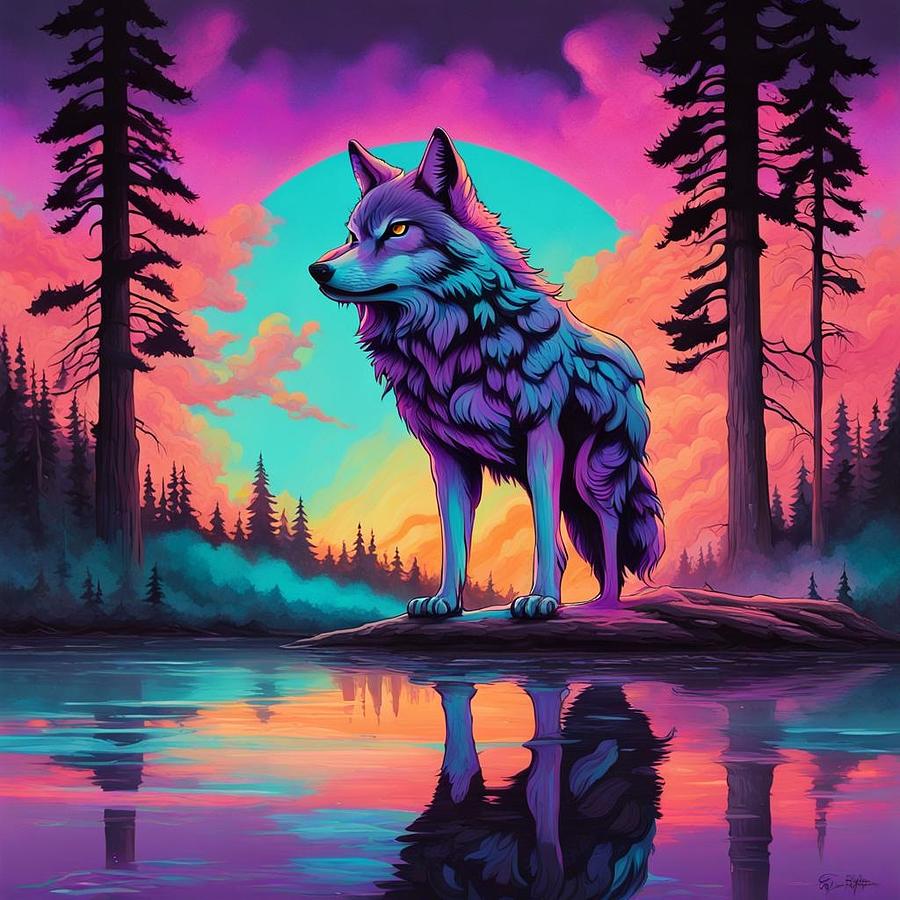 Wolf Over Neon Water Digital Art by Sweet Colene Art - Fine Art America