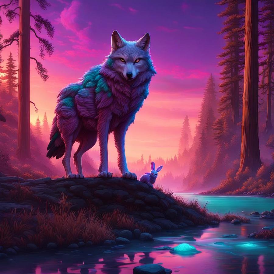 Wolf Over Neon Water with Rabbit Digital Art by Sweet Colene Art - Fine ...