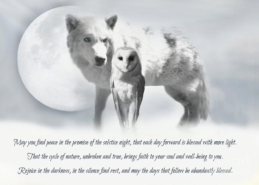 Wolf Owl and Full Moon Winter Solstice with Blessings Poem Photograph by Stephanie Laird