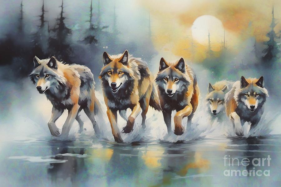 Wolf Pack Hunting - 02445 Digital Art by Philip Preston