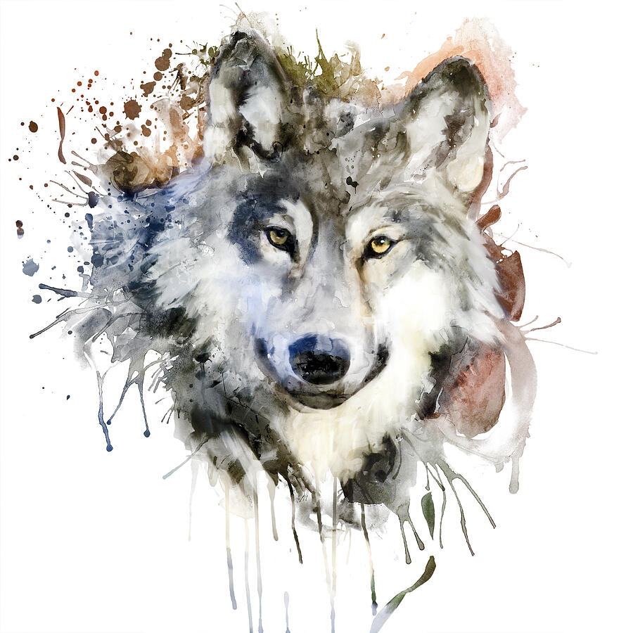 Wolf Watercolor Portrait Painting by Marian Voicu