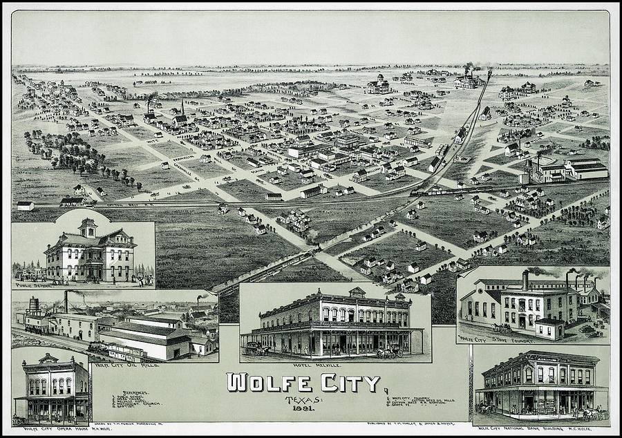 Wolfe City Texas Vintage Map Birds Eye View 1891 Drawing by Carol Japp