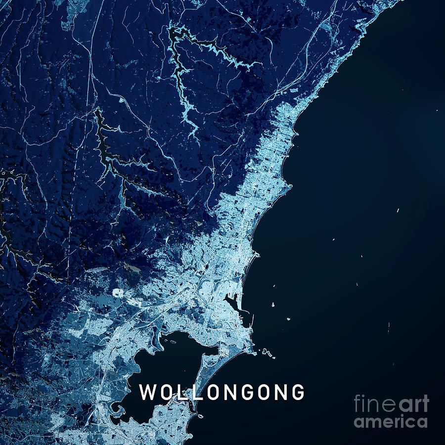 Beach Digital Art - Wollongong Australia 3D Render Map Blue Top View May 2019 by Frank Ramspott