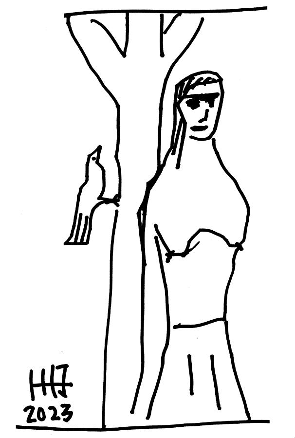 Woman and Bird on a Tree Drawing by Edgeworth Johnstone