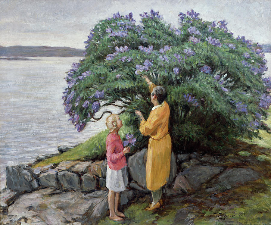 Woman and child by the lilac bush, 1927 Painting by O Vaering by Thorvald Torgersen