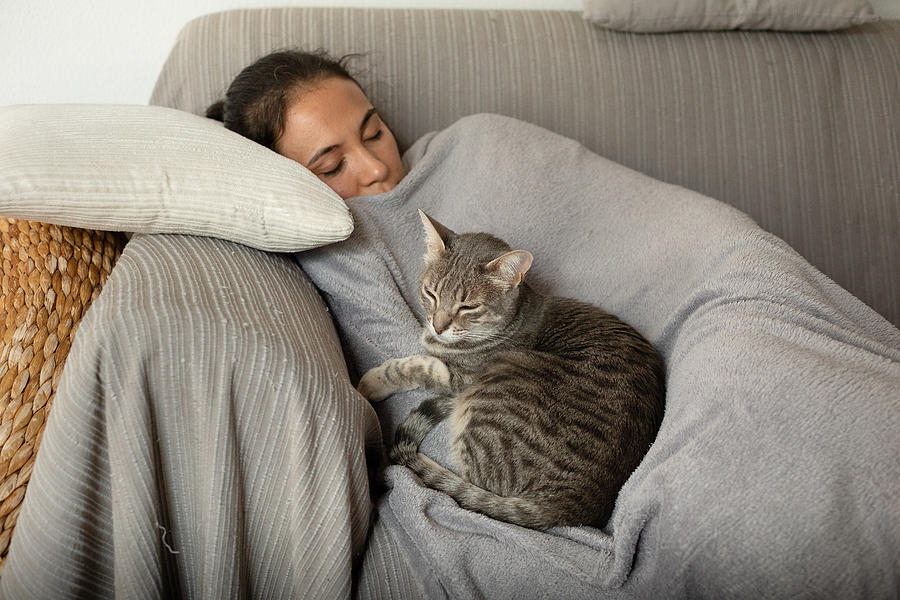 Woman and grey tabby cat sleeping on a sofa. Photograph by Gonçalo Barriga