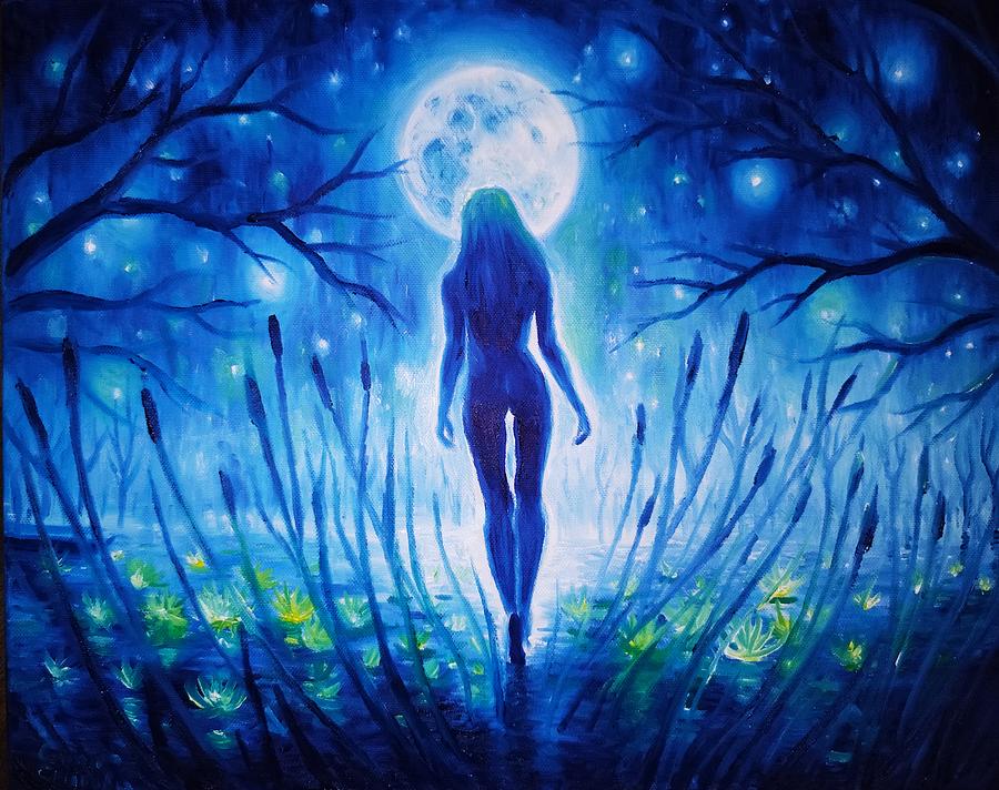 Woman And Lake In The Moonlight Painting By Chirila Corina