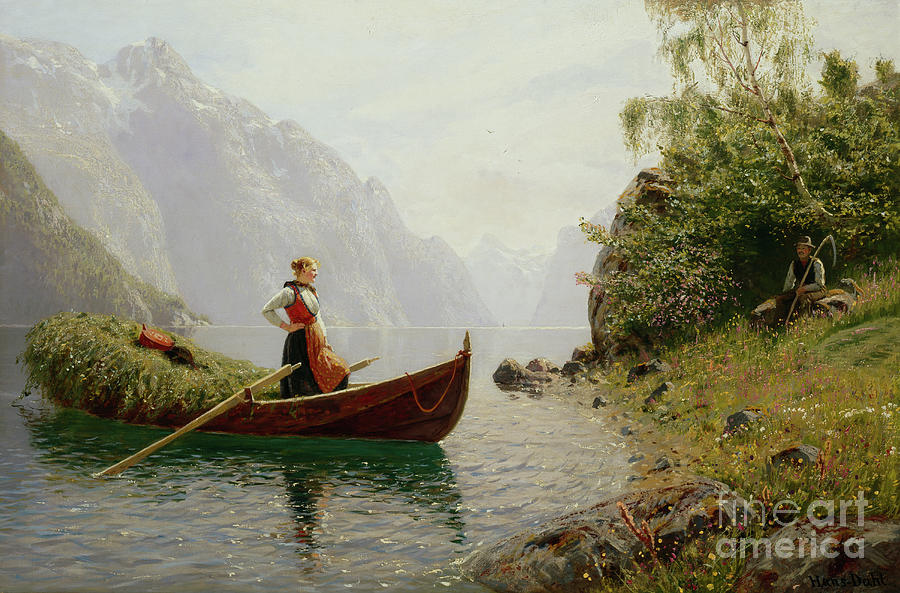 Woman and man in fjord landscape Painting by O Vaering by Hans Dahl
