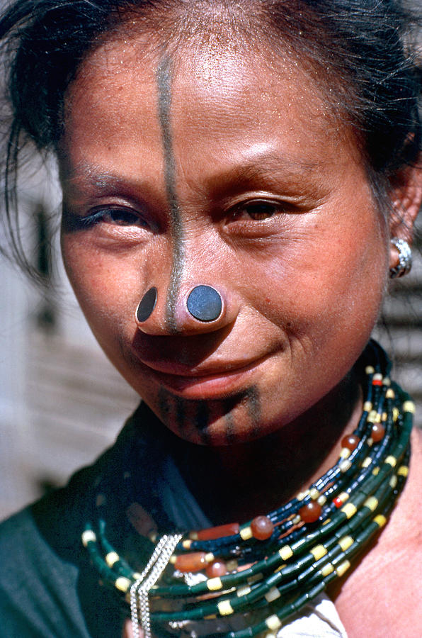 Woman apatani tribe bamboo spiralled nose with ring, Arunachal Pradesh, India 1982 Photograph by Dinodia Photo