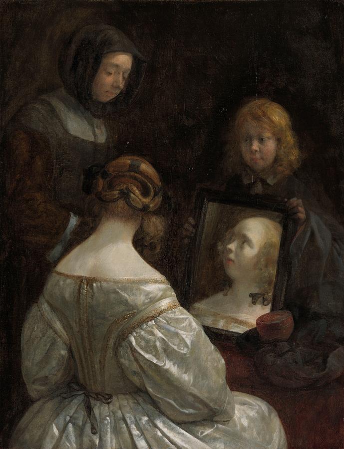 Woman at a Mirror, Gerard ter Borch Painting by MotionAge Designs
