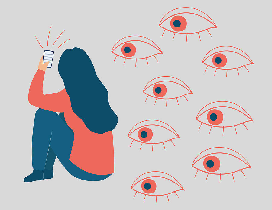woman being observed from behind. Spywares softwares on mobiles. Spy applications through the smartphones. Big eyes peek at a screen phone of a girl. Drawing by Salim Hanzaz