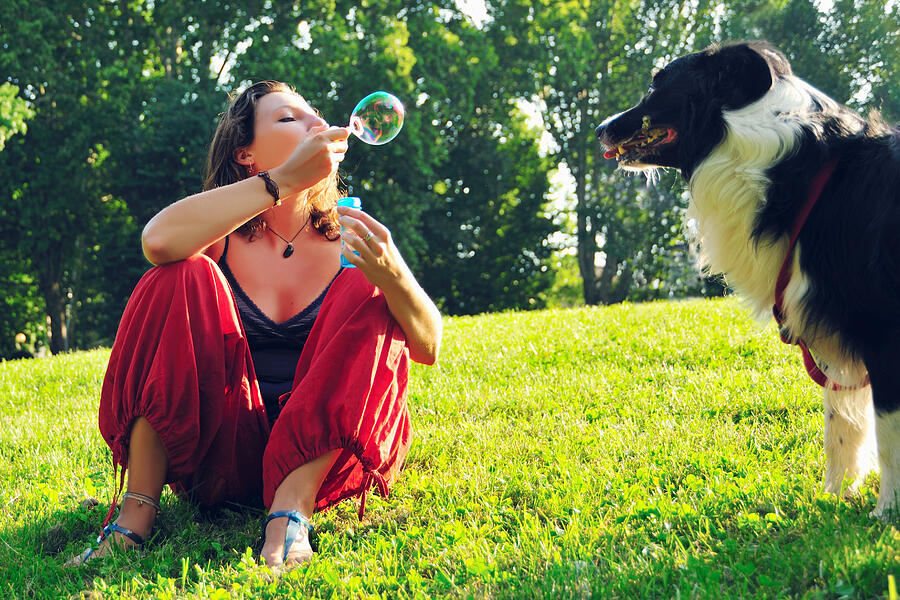Woman blowing bubbles for dog in park Photograph by Daniela Buoncristiani