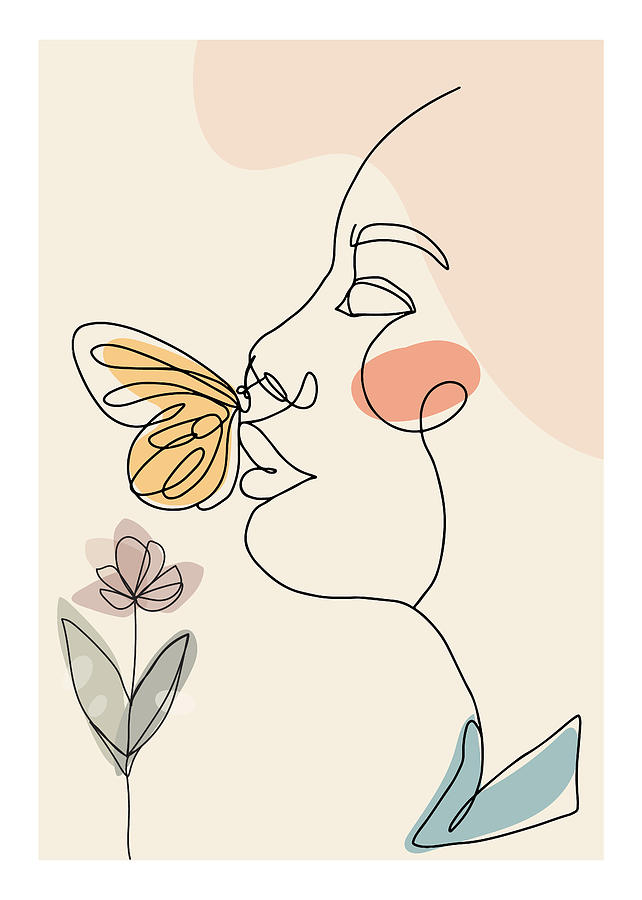 One Line Drawing - Woman butterfly kiss hand drawn one line art illustration by Mounir Khalfouf