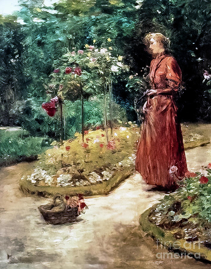 Woman Cutting Roses in a Garden by Childe Hassam 1889 Painting by Childe Hassam