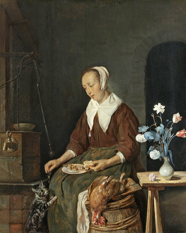 Woman Eating, Known as The Cats Breakfast Painting by Gabriel Metsu