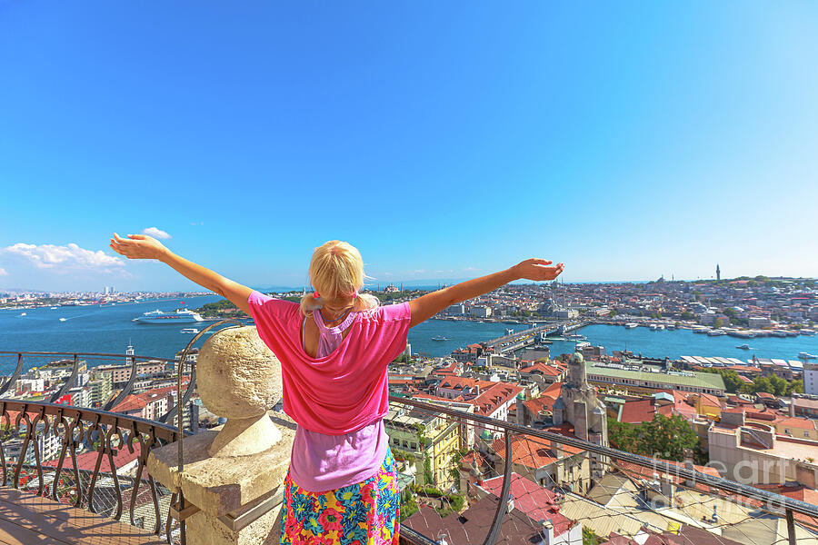Woman embracing Istanbul cityscape view Digital Art by Benny Marty