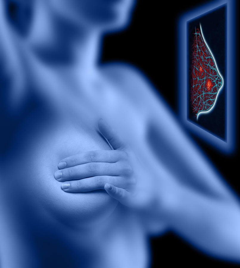 Woman examining her breast, simulated breast scan (Digital Composite) Drawing by Don Farrall
