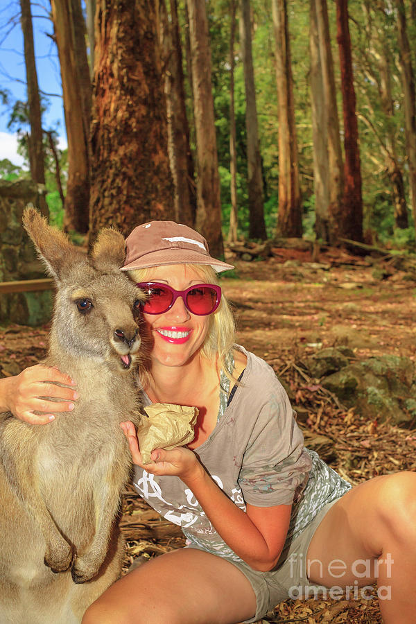 Woman feeding kangaroo Photograph by Benny Marty