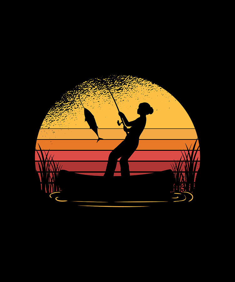 Woman fishing in a retro sunset on a boat by Norman W