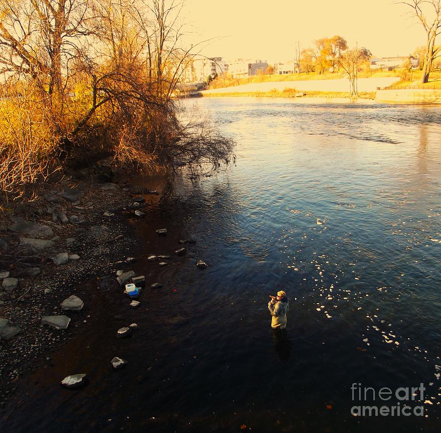 Fall Photograph - Woman Fishing In The River Shallows        St. Joseph River     Indiana    Autumn by Rory Cubel