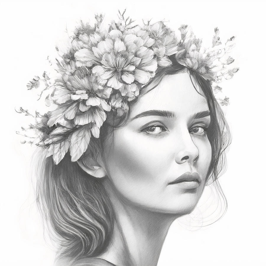 Black And White Drawing - Woman Floral Head Vintage Pencil Drawing by Mounir Khalfouf