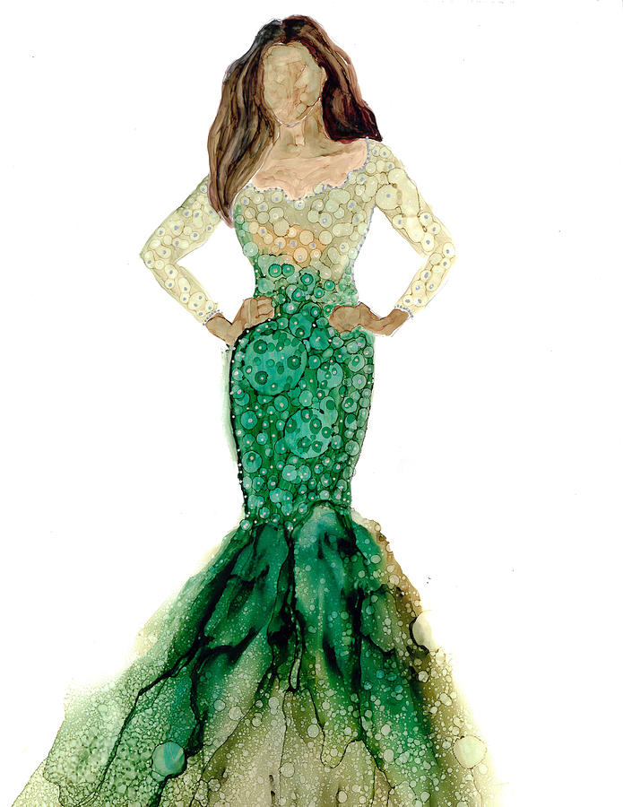 Woman green mermaid dress Painting by Joyce Clark