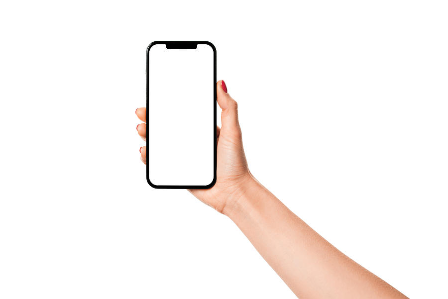 Woman hand holding modern smartphone iphone mockup with white screen on white background Photograph by Mensent Photography Woman hand holding modern smartphone iphone mockup with white screen on white background Photograph by Mensent Photography