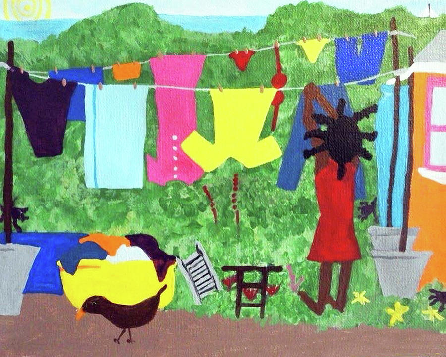 Fish Painting - Woman Hanging Clothes by Kato Charles