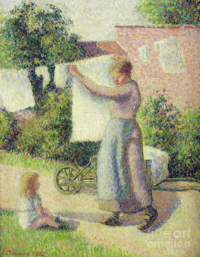 Woman Hanging Laundry Painting by Camille Pissarro