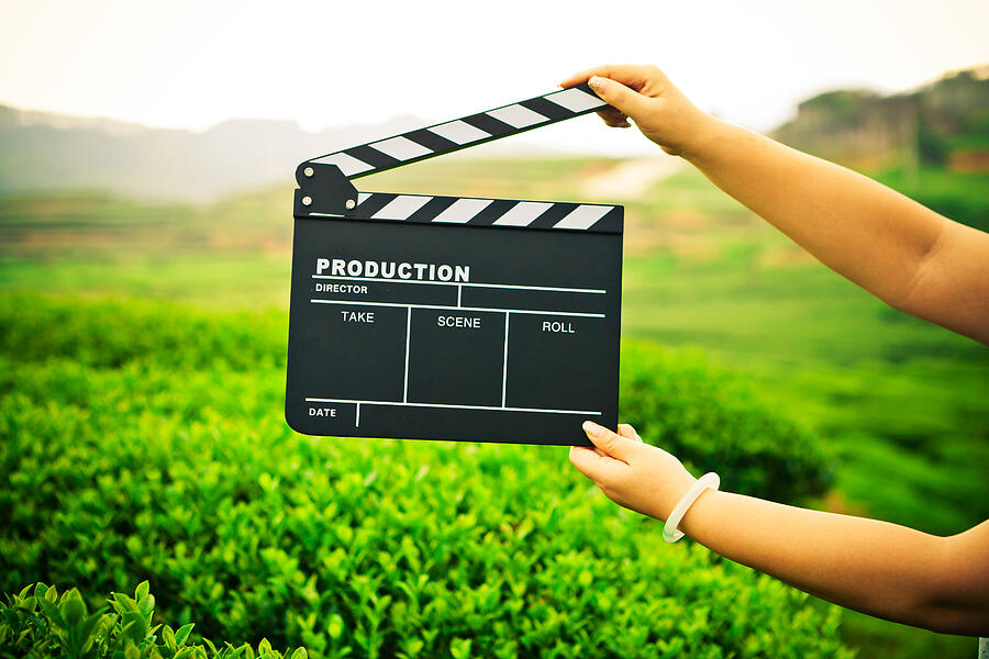 Woman holding a clapper board in front of a field Photograph by Fzant