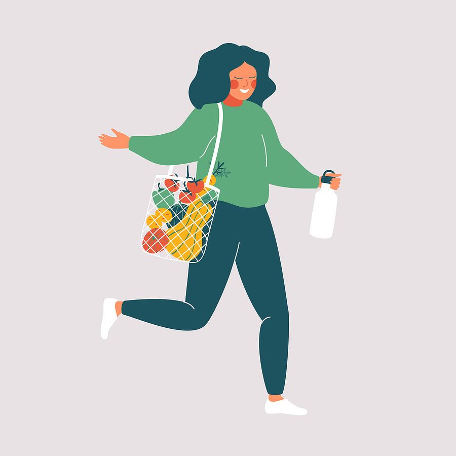 Woman holds reusable cup and eco bag with fresh food Drawing by Ponomariova_Maria