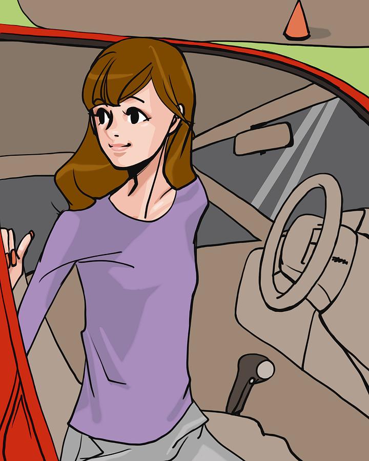 Woman in a car looking back and smiling, front view, Illustrative Technique Drawing by Daj