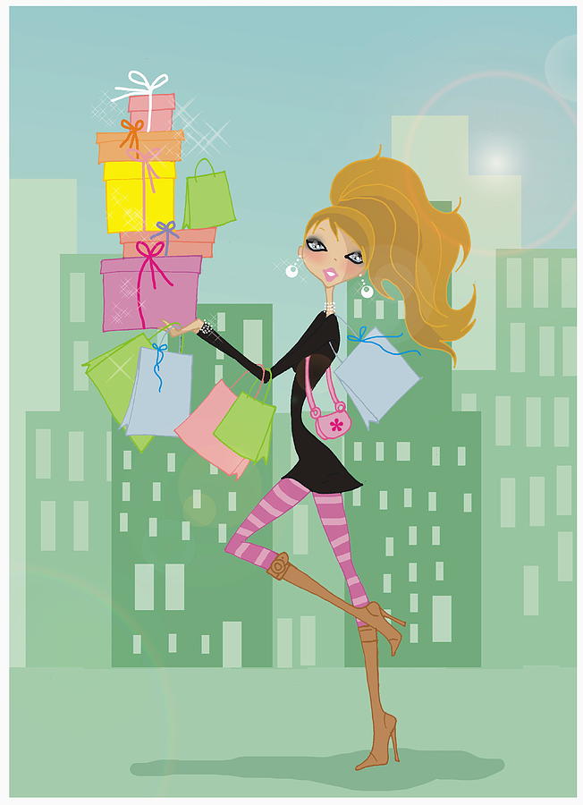 Woman in a cityscape walking with boxes and shopping bags Drawing by Fotosearch