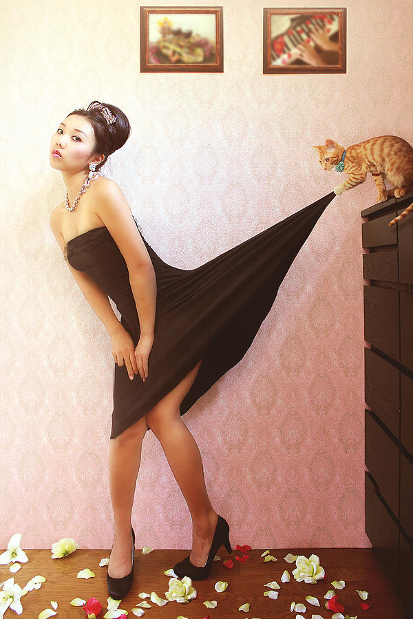 Woman in black and cat Photograph by YuriF