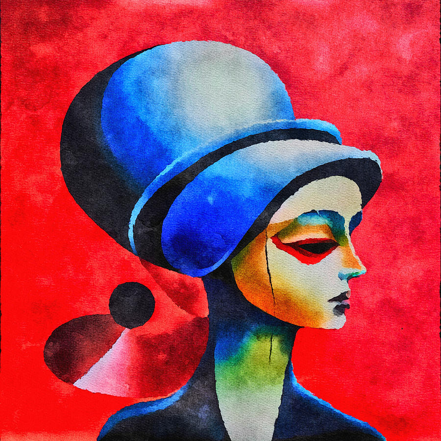 Woman in Blue Hat 1 Mixed Media by Ann Leech