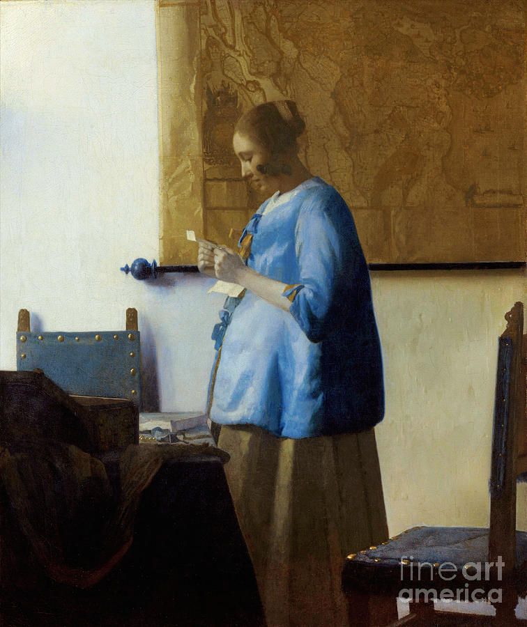 Woman in Blue Reading a Letter, 1663-1664 Painting by Johannes Vermeer