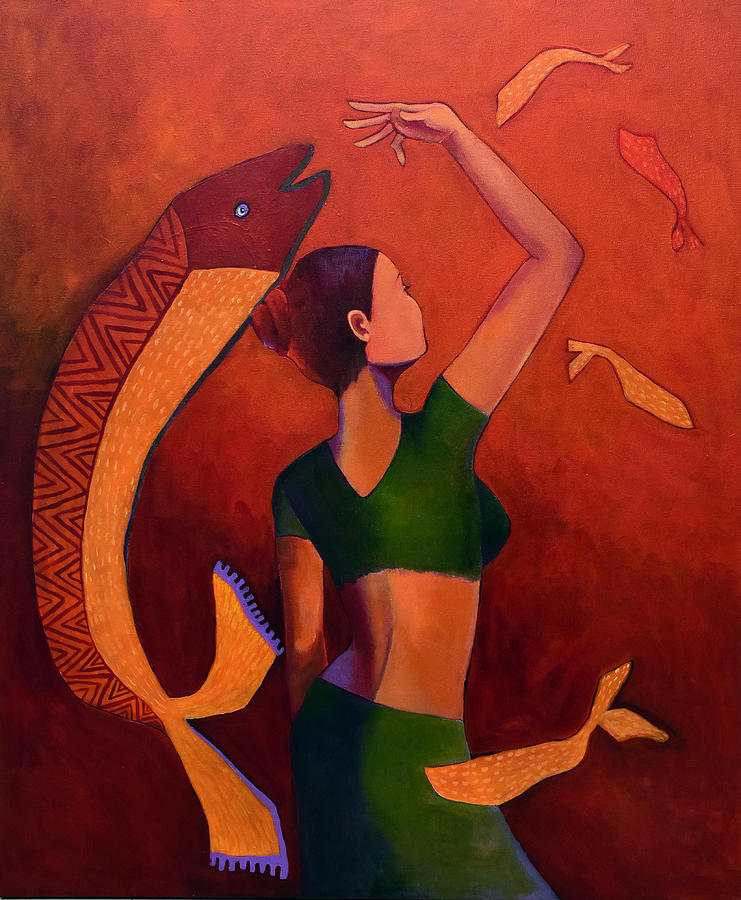 Fish Painting - Woman In Green by Manjula Prabhakaran Dubey