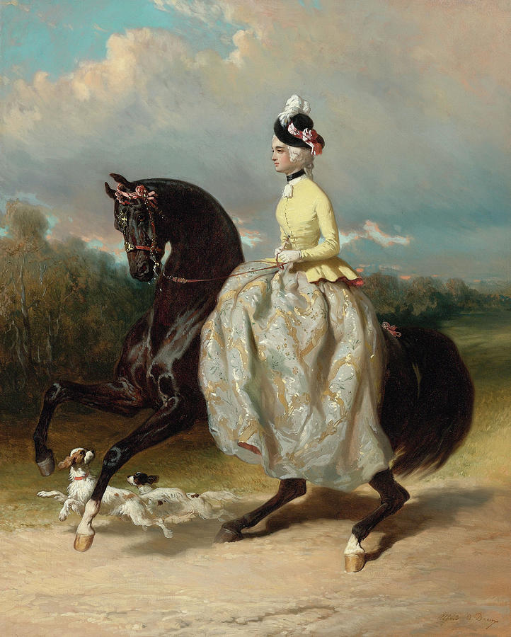 Woman In Marie Antoinette Costume On A Prancing Horse Painting by Alfred de Dreux