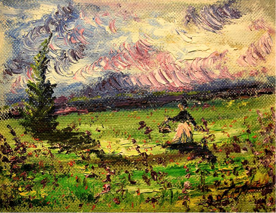 Impressionism Painting - Woman In Meadow Picking Flowers by Lord Toph
