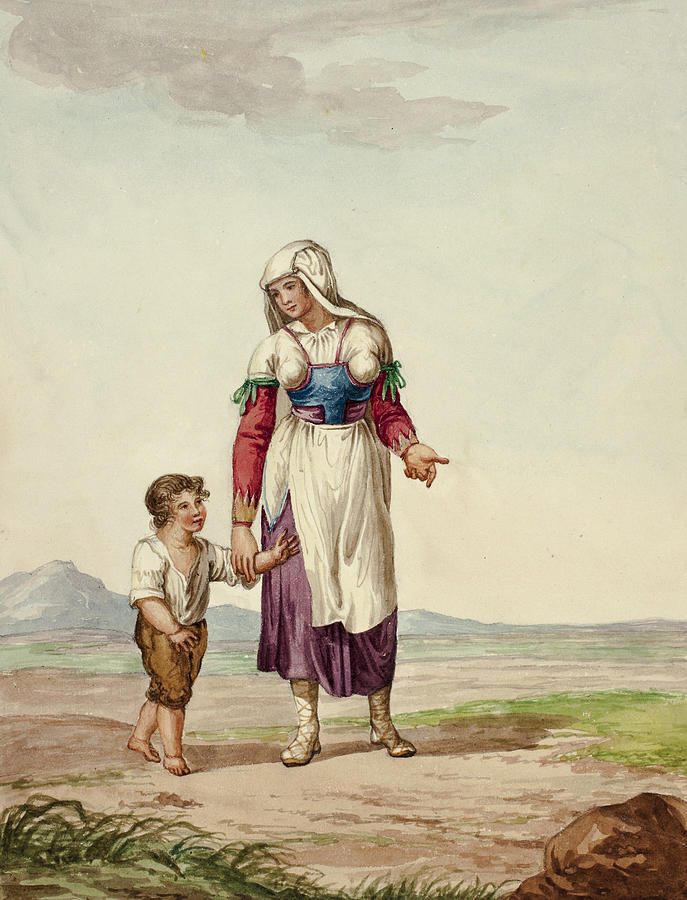 Woman in Native Costume with Boy on Road Drawing by After Bartolomeo Pinelli
