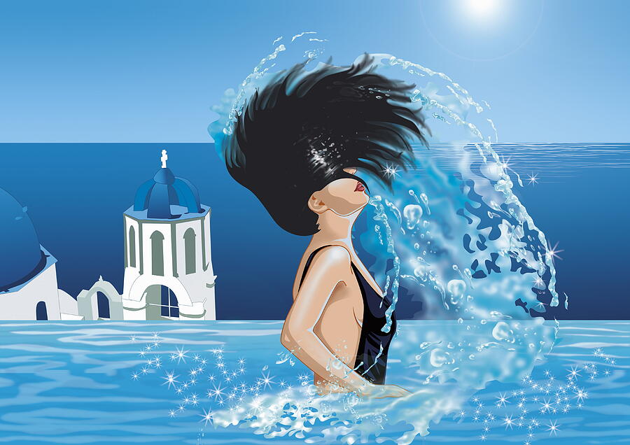 Woman in pool flipping her hair out of the water Drawing by Fotosearch